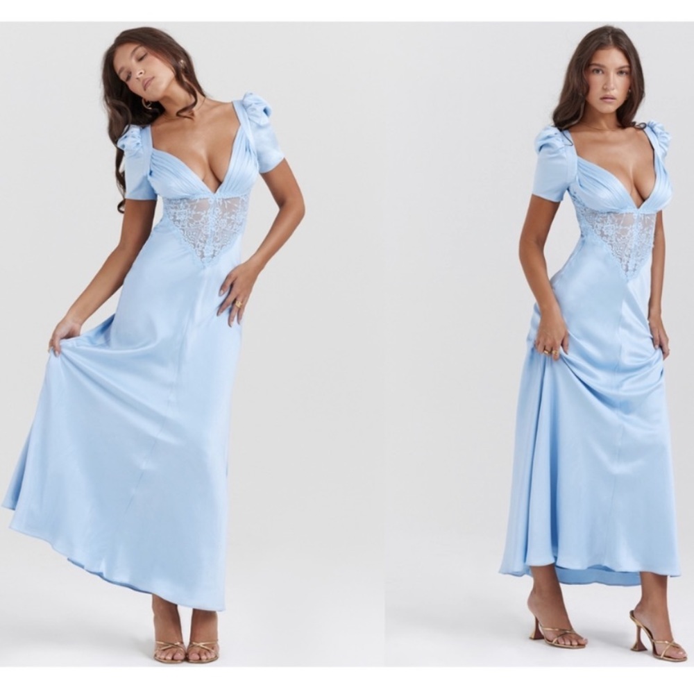 House of CB M D-DD 'Rafaela' Soft Blue & Pure Silk Lace Maxi Dress NWOT - Picture 3 of 13
